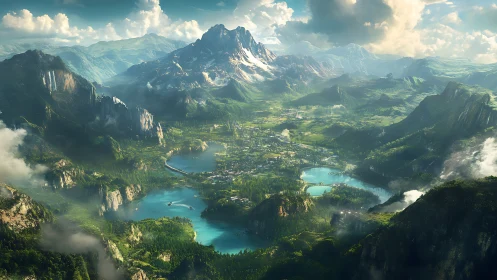 Digital painting of alpine valley with lakes and distant ranges.