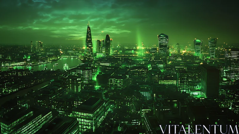 Neon green London skyline rendered as cinematic cyber grid