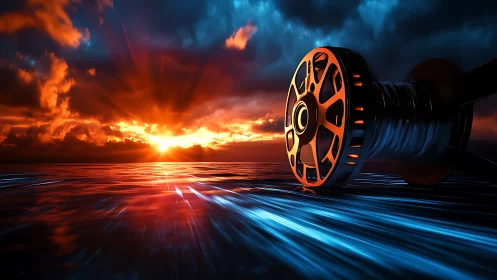 Cinematic film reel dominates neon seascape at blazing sunset