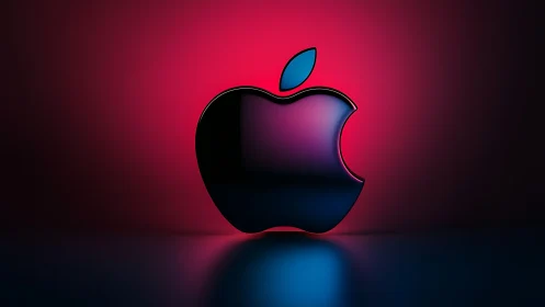 Neon-drenched chrome apple gleams like a sci-fi nightlight