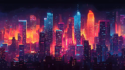 Neon-layered cyberpunk skyline with modular high-rise gridwork.