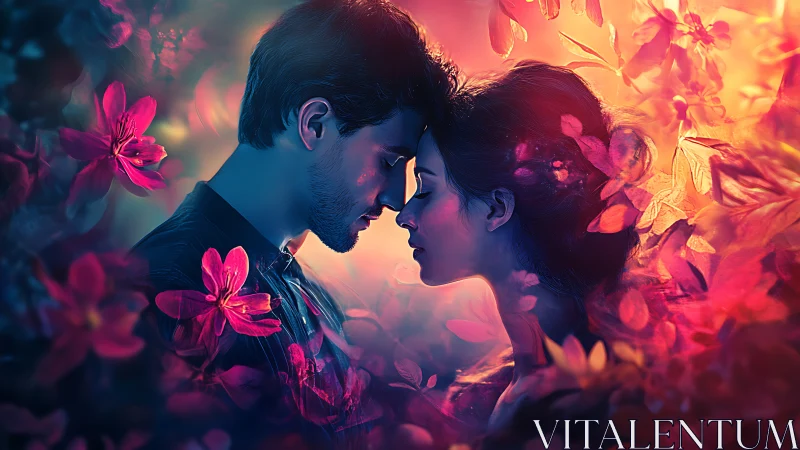 Two figures in profile with pink flowers and warm lighting effects