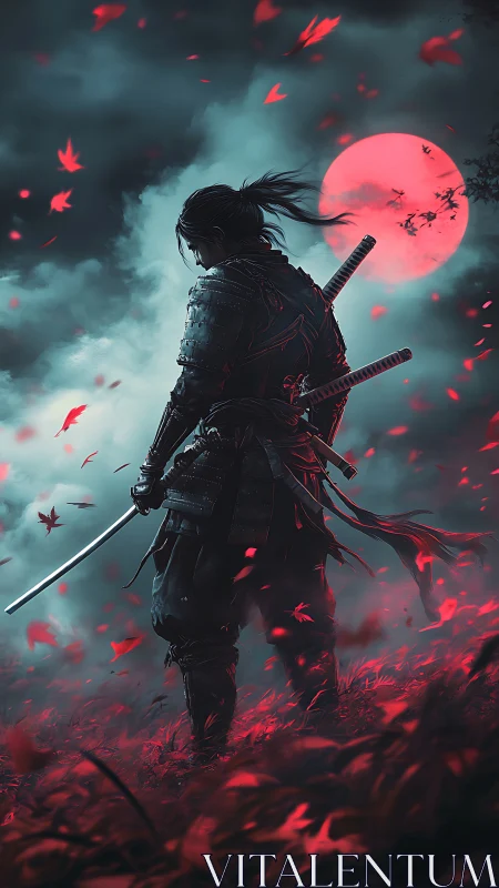 Moon-drenched ronin listens to the storm of falling crimson leaves