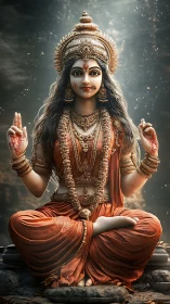 Seated female deity statue with ornate jewelry and headdress.