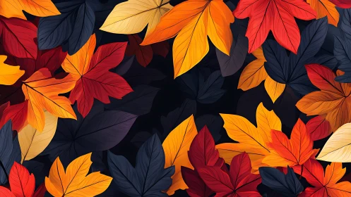 Vector-rendered autumn foliage shows layered warm and cool contrast