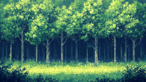 Pixel art forest with tall trees and sunlit clearing below canopy.