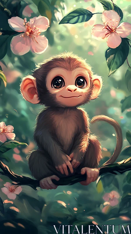 Baby monkey on branch in soft bokeh forest lighting.