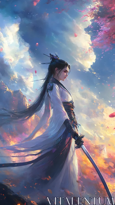 Skyward swordswoman amid blazing petals and clouds.