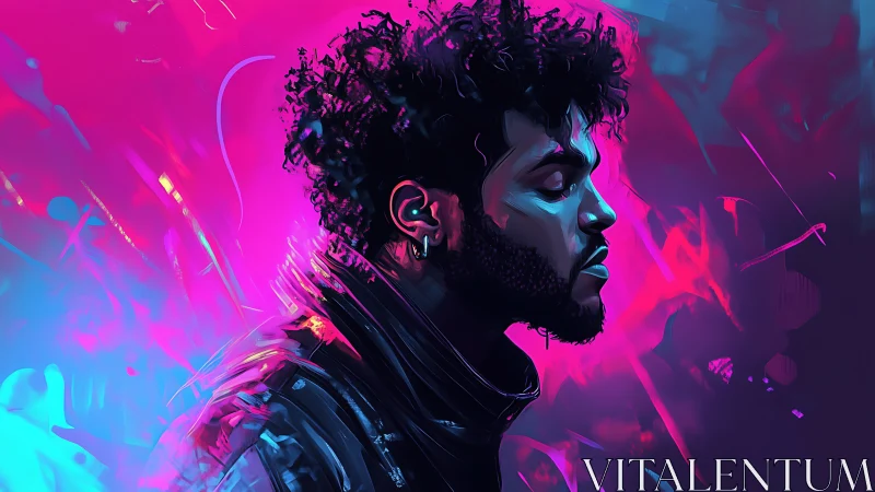 Profile portrait of male figure in neon digital environment.