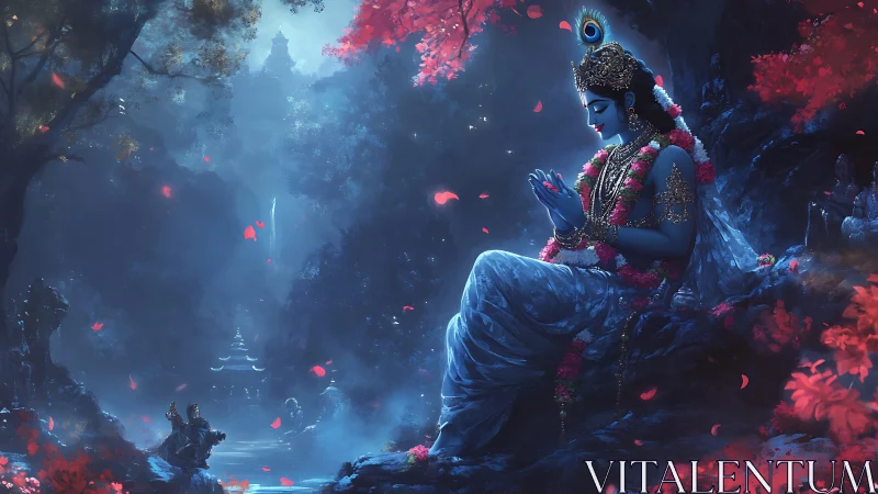 Divine blue figure meditating in luminous forest sanctuary.