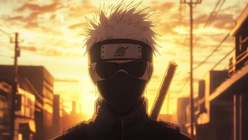 Backlit masked shinobi silhouette against urban sunset perspective