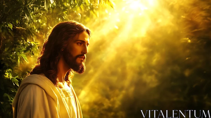 Photorealistic sacred portrait in radiant forest light.