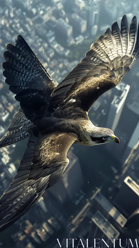 Raptor captured mid-flight above hyper-detailed urban grid