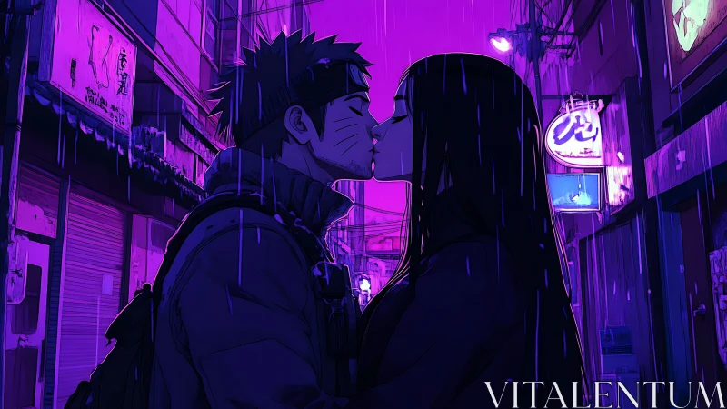 Two anime figures standing in rain under purple city lights.