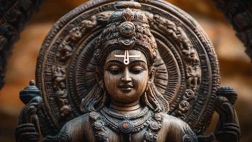 Sacred wooden deity portrait carved in serene stillness.