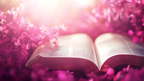 Open bible rests in glowing pink spring blossoms.