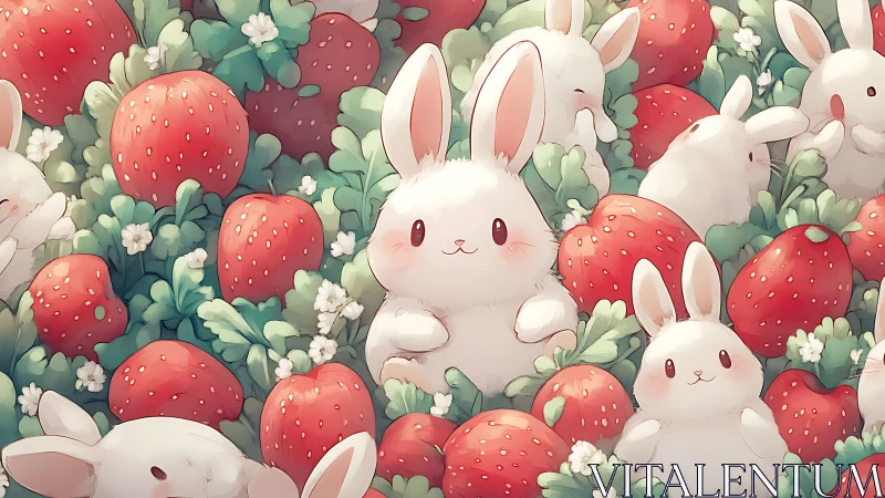 Fluffy white bunnies nestle among ripe strawberries in bloom