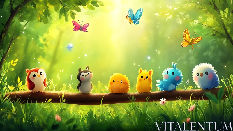 Cute Cartoon Birds on Forest Branch in Sunlight, Whimsical Style.