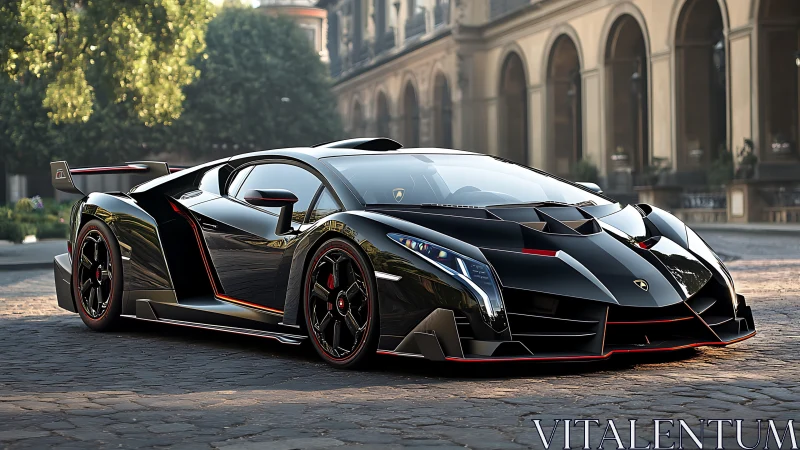 Bold black supercar glows with red accents in a sunlit plaza