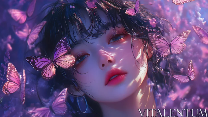 Butterfly-lit twilight paints her dreaming face in neon hush