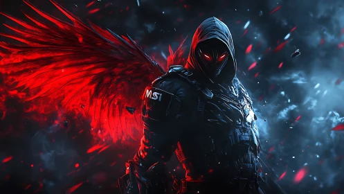 Shadow angel with crimson wings in a storm of sparks.