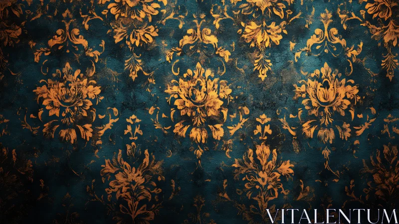 Ornate gold damask floral pattern on dark teal wall surface.