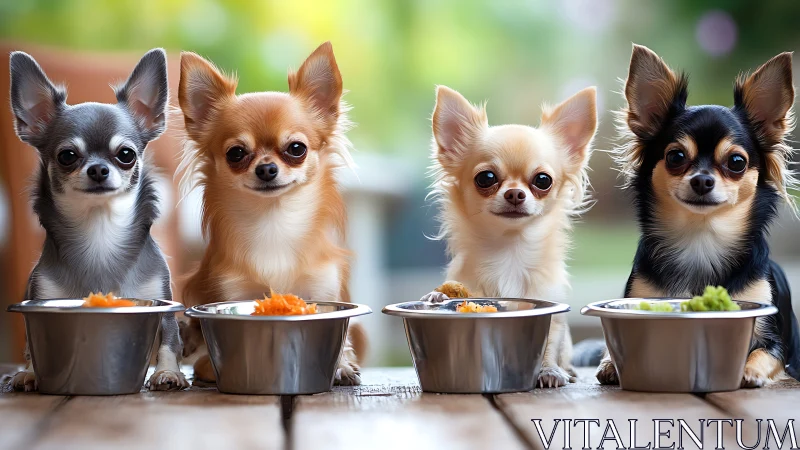 Chihuahua quartet share colorful meals in bright bowls.