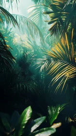 Volumetric light slicing through dense digital jungle canopy.