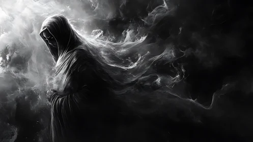 Grim silhouette drifts through stormy ink of the void