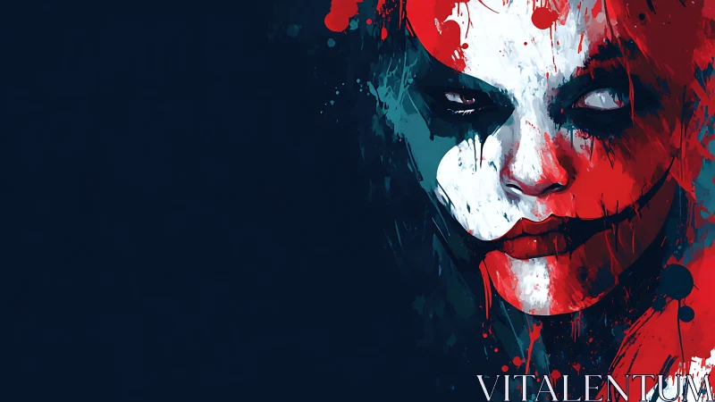 Intense split-color clown face in dark digital painting