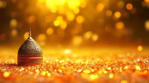 Golden Ramadan lantern glows softly amid warm bokeh light