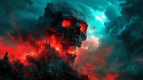 Colossal flaming skull fortress looms over burning citadel