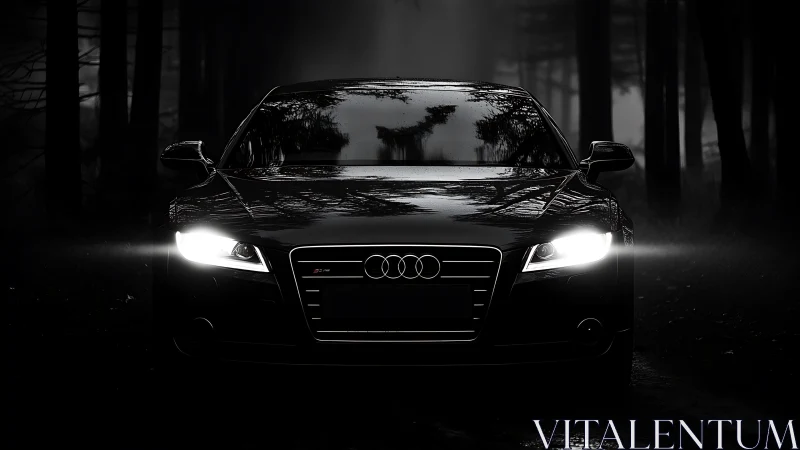 Midnight Audi sedan with piercing headlights in forest mist.