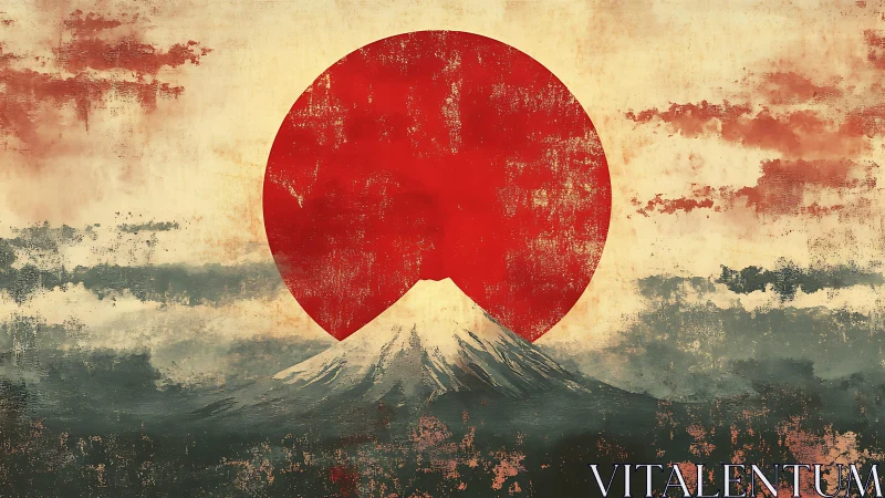 Rising sun over Mount Fuji in textured minimalist style.