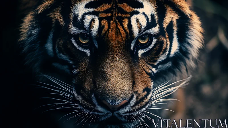 Gentle tiger gaze glowing softly in rich jungle shadows.