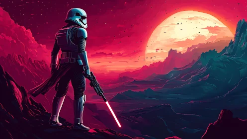 Stark armored warrior surveying neon alien badlands at dusk.