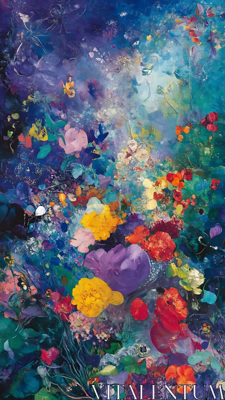 Dreamy midnight garden swirling with luminous wild blooms.