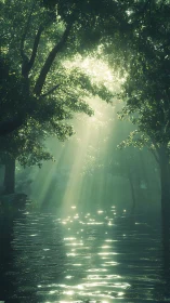 Sunlit forest lagoon where quiet water hoards morning.