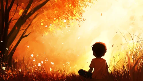 Silhouetted child observes glowing orange autumn trees