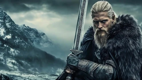 Viking warrior grips sword before snowy mountain range