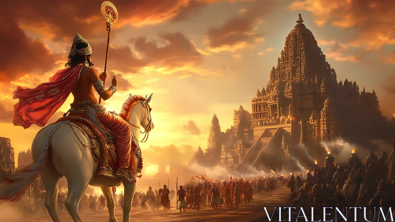 Digital painting of royal procession before sunlit temple complex.