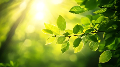 Sunlit Green Leaves Close-Up in Vibrant Natural Setting.