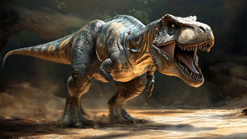 Roaring T. rex strides across dusty prehistoric forest floor.