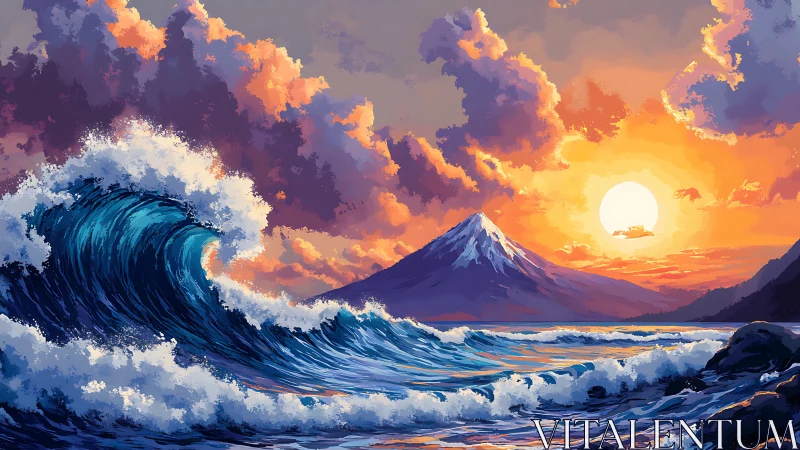 Sunlit wave and quiet mountain sharing a painted horizon.