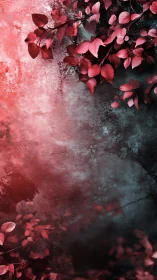 Blushing crimson leaves drifting across a weathered stone wall.