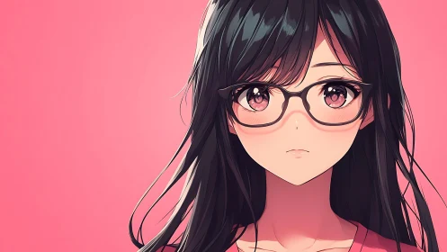 Anime portrait of girl with glasses on pink background