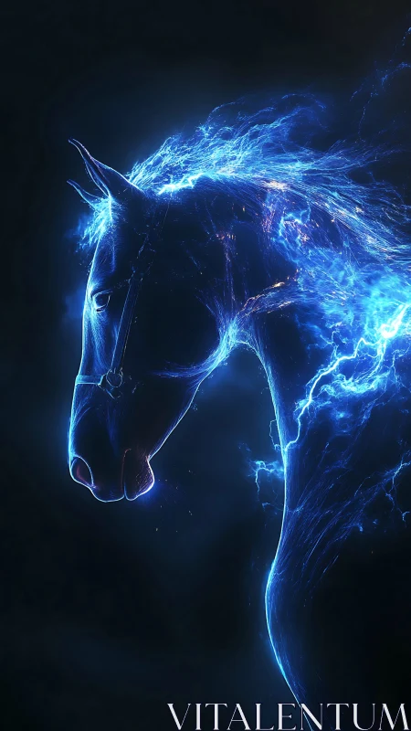 Electric blue horse profile glows against deep black void