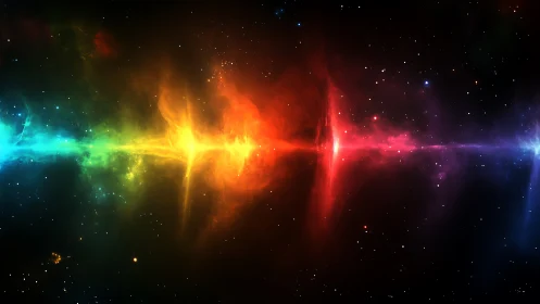 Vibrant rainbow energy wave cutting across deep space.