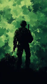 Silhouetted soldier stands armed against textured green sky