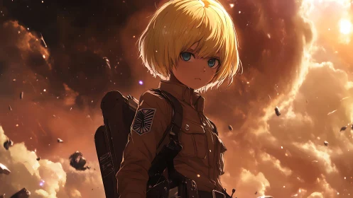 Blond soldier figure in anime style before cloudy sky.
